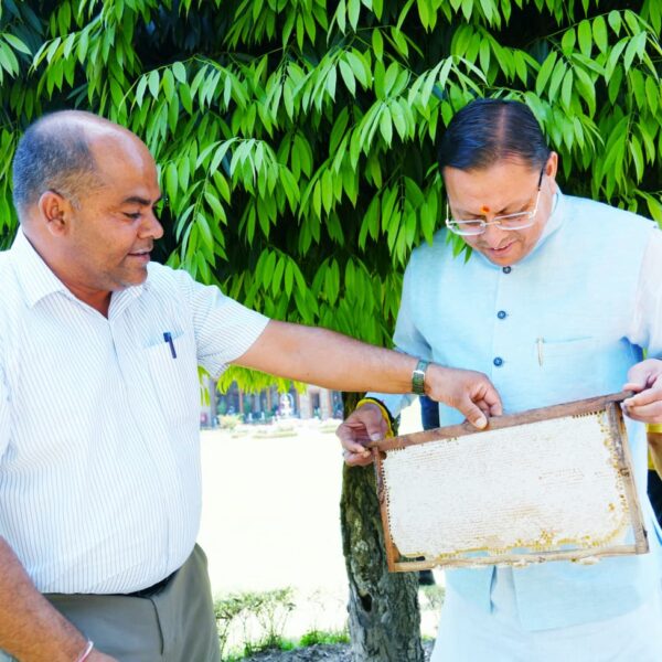 मुख्यमंत्री पुष्कर सिंह धामी ने शहद निकालने की प्रक्रिया का अवलोकन किया।