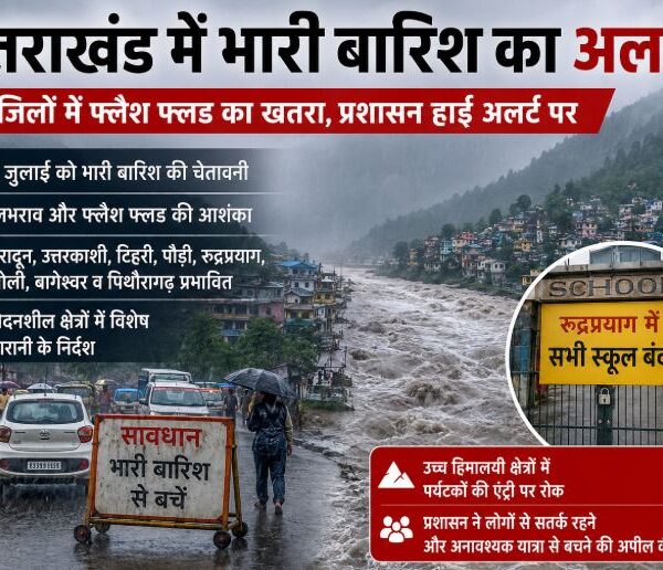 उत्तराखंड में भारी बारिश की चेतावनी: 8 जिलों में फ्लैश फ्लड का खतरा, रुद्रप्रयाग में स्कूल बंद
